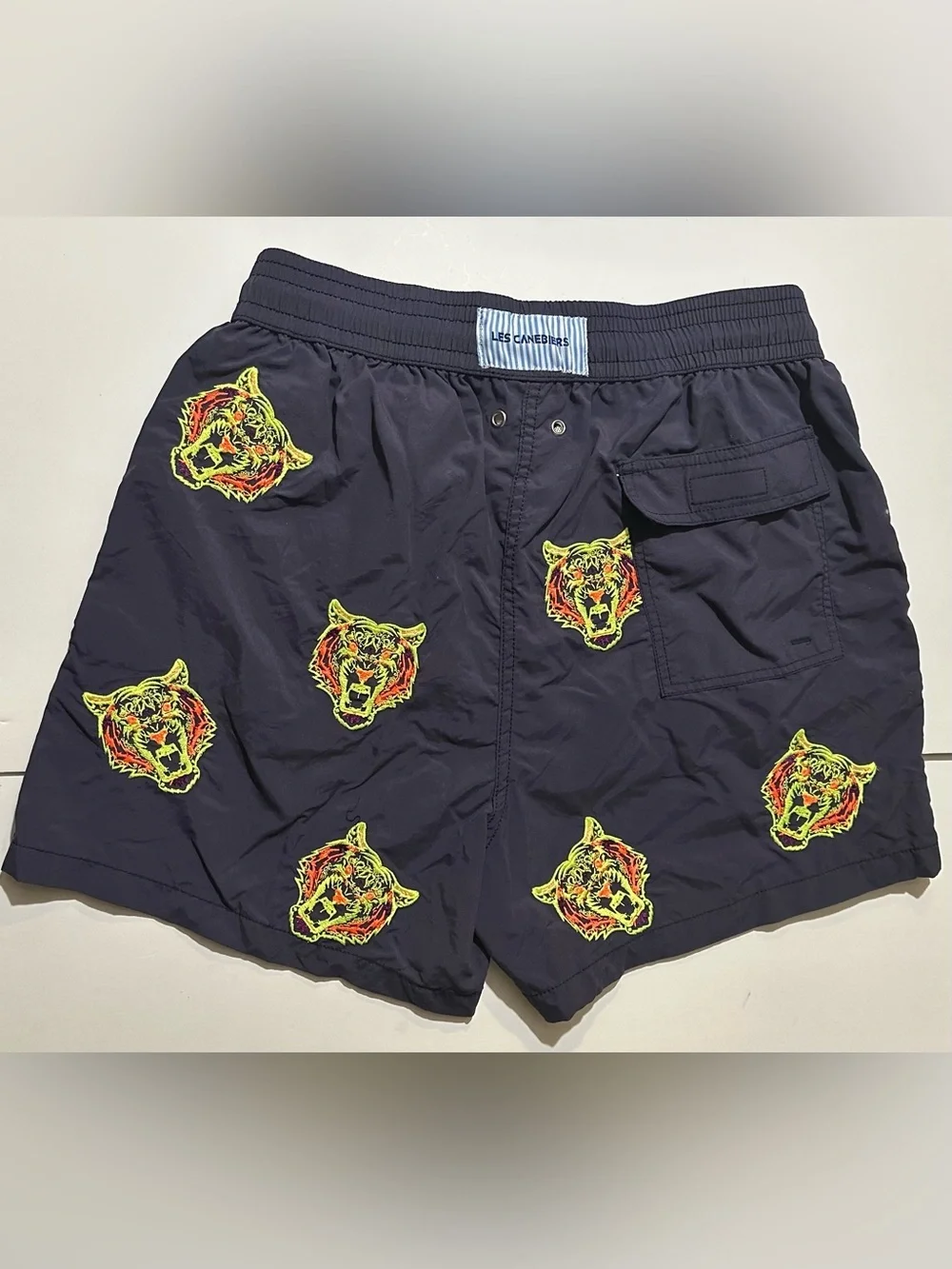 NEW, LES CANEDIERS SAINT TROPEZ Embroidered Blue Tiger Swim Shorts Mens Swimwear
